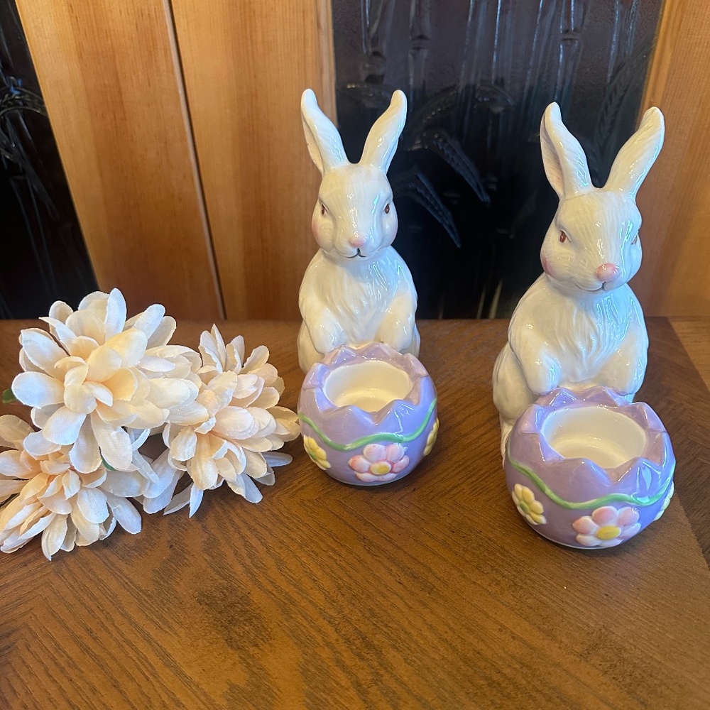 Ceramic Easter Bunny Rabbit Candle Holders Set of 2